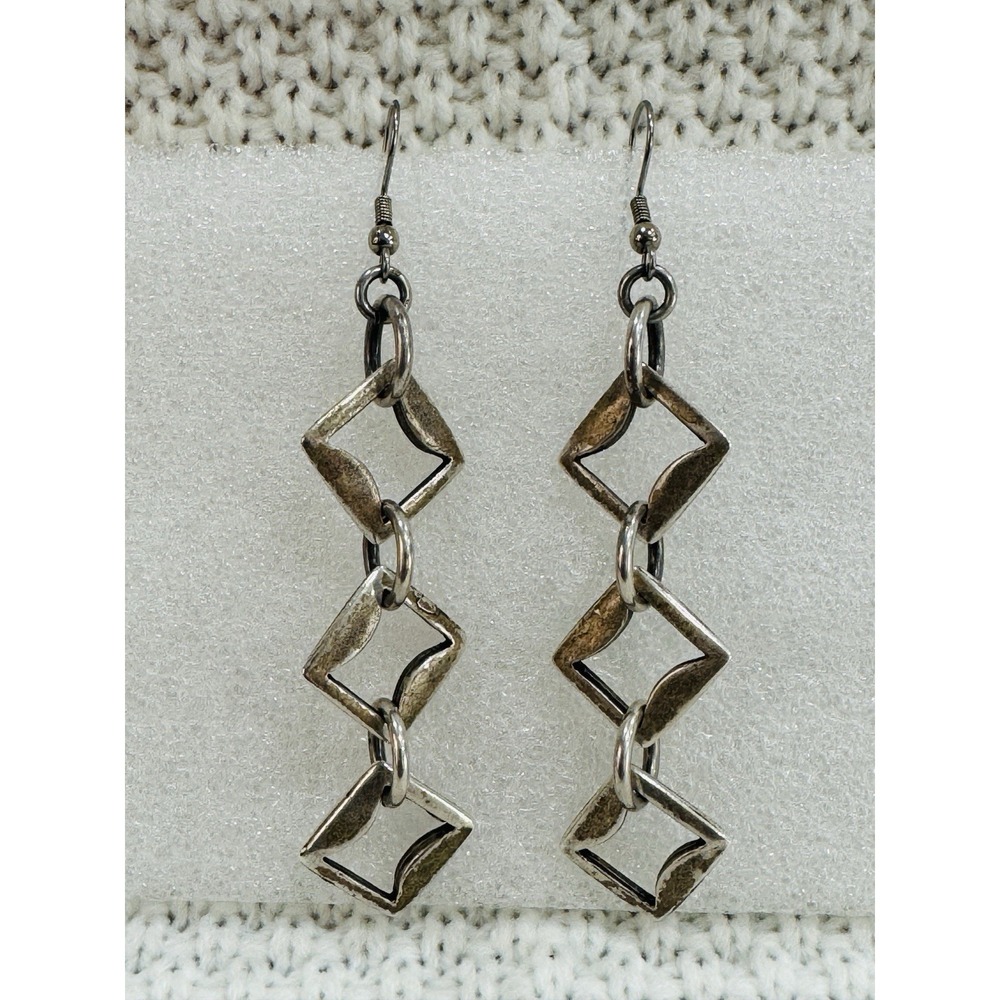 Silver Tone Geometric Square Link Dangle Earrings Modernist